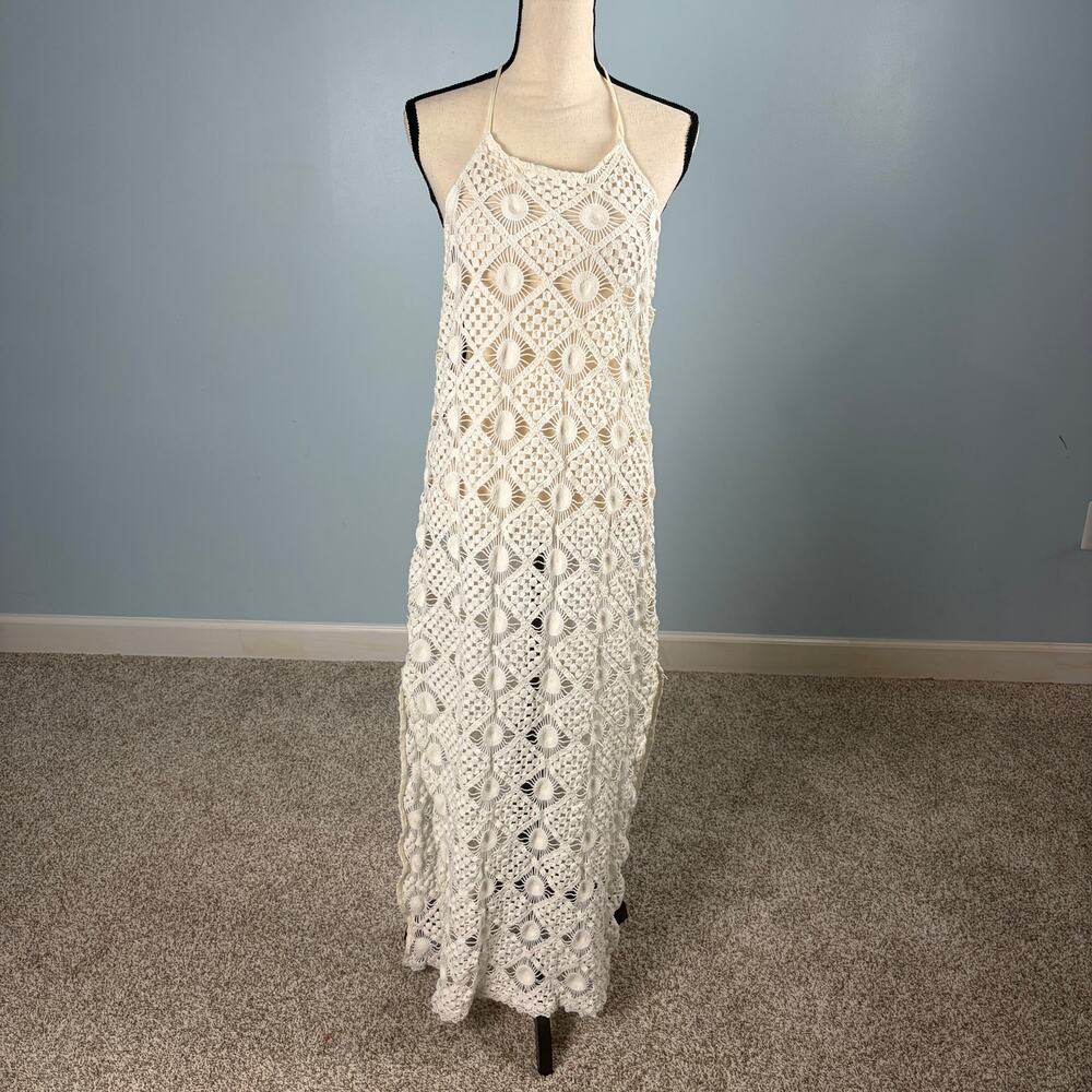 Anthropologie Crochet Halter Maxi Dress XL White Open Back Boho Resort